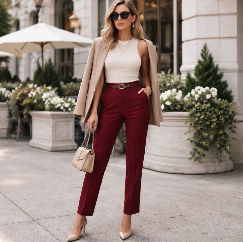 Helmut Lang Burgundy Viscose Blend Trousers | Tailored Slim Fit High Waist Pants